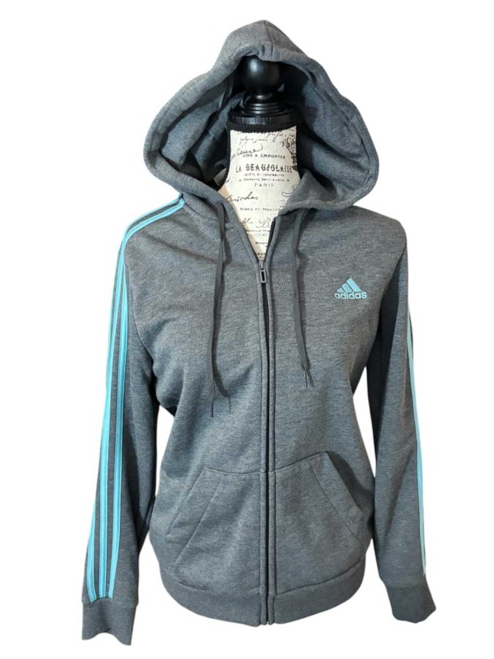 adidas Women’s Gray Zip Hoodie with Light Blue Stripe Detail